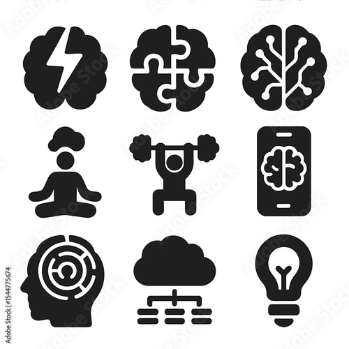 Mental Agility Icons. Solid, filled icons set of boosting mental agility: brain with lightning bolt, brain