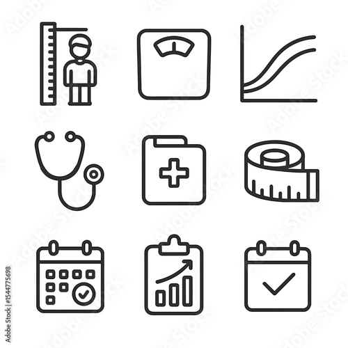 Growth Monitoring Icons. Outline icon set of growth monitoring: child height chart, weight scale, BMI calculator, growth curve