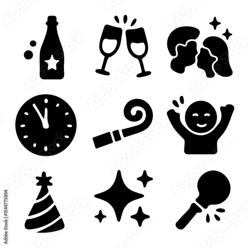 Midnight Celebration Icons. Solid, filled icons set of midnight celebration essentials