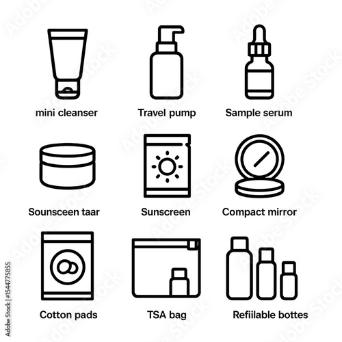 Travel Skincare Icons. Outline icon set of travel-friendly skincare kit: mini cleanser tube, travel pump, sample serum, small