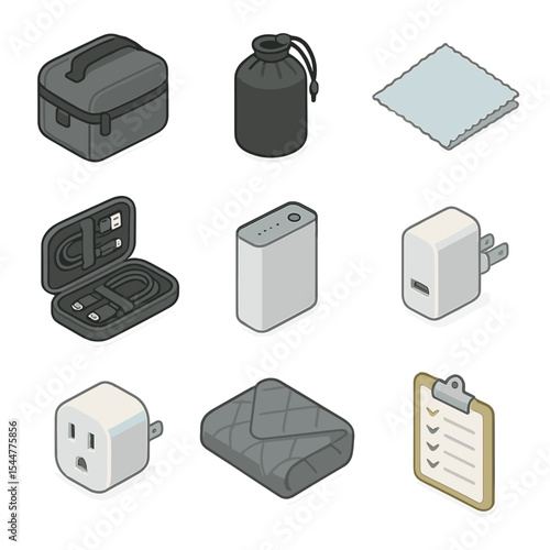 Travel Gear Icons. Isometric Flat icon set of travel photo packing kit: padded camera case, lens pouch, microfiber cloth, cable