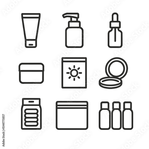 Travel Skincare Icons. Outline icon set of travel-friendly skincare kit: mini cleanser tube, travel pump, sample serum, small