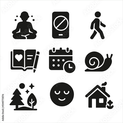Mindful Habits Icons. Solid, filled icons set of mindful daily habits