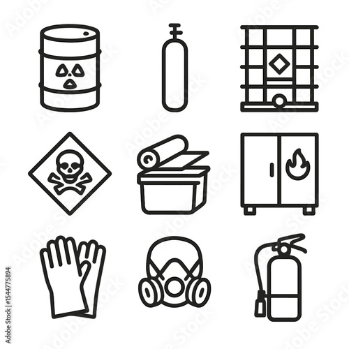 Hazard Material Icons. Outline icon set of hazardous materials handling: hazard drum, gas cylinder, chemical tote, warning placard