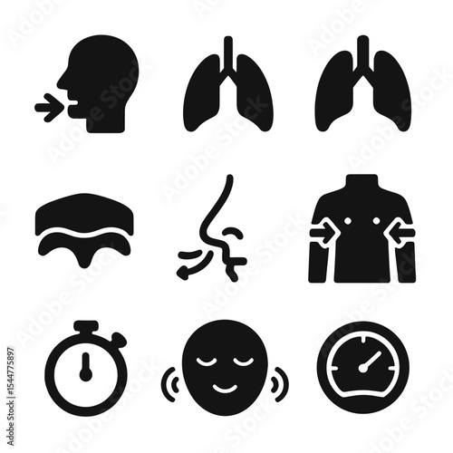 Mindful Breathing Icons. Solid, filled icons set of mindful breathing: inhale symbol, exhale symbol, lungs,