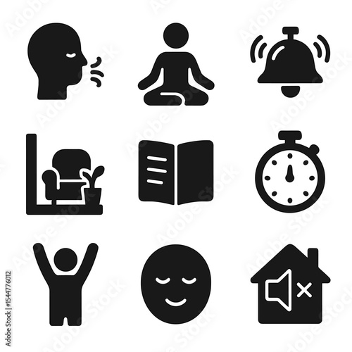 Mindfulness Routine Icons. Solid, filled icons set of classroom mindfulness routines: breathing icon,