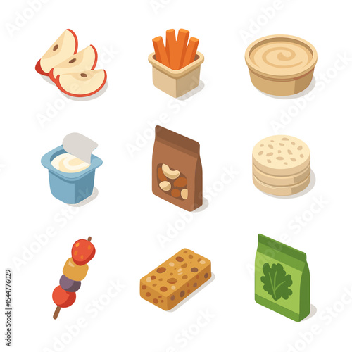 Healthy Snack Icons. Isometric Flat icon set of healthy snacking options: apple slices, carrot sticks, hummus tub, Greek yogurt