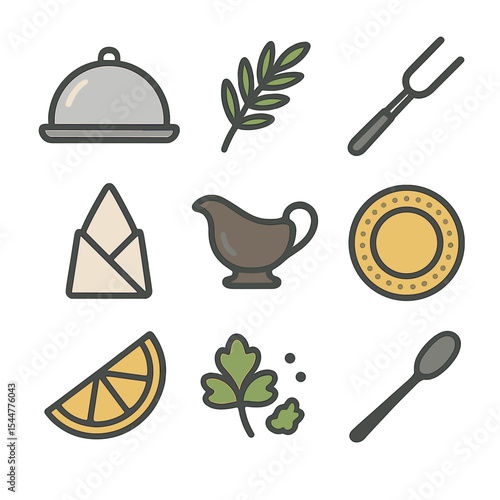 Turkey Dinner Icons. Flat icon set of turkey serving and presentation: platter, garnish sprig, carving fork, napkin fold, gravy