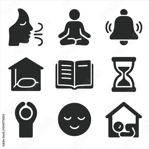 Mindfulness Routine Icons. Solid, filled icons set of classroom mindfulness routines: breathing icon,