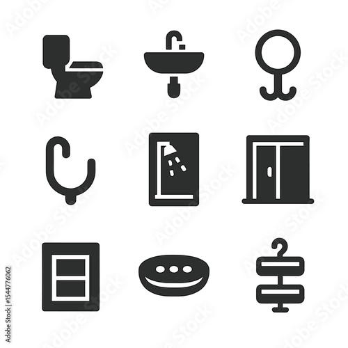 Minimalist Bathroom Icons. Solid, filled icons set of tiny bathroom designs: compact toilet, wall sink, mini