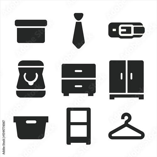Minimalist Accessory Icons. Solid, filled icons set of minimalist accessory storage: simple box, tie icon,
