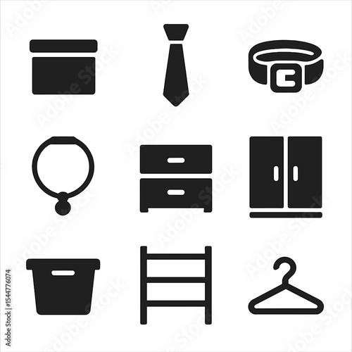 Minimalist Accessory Icons. Solid, filled icons set of minimalist accessory storage: simple box, tie icon,