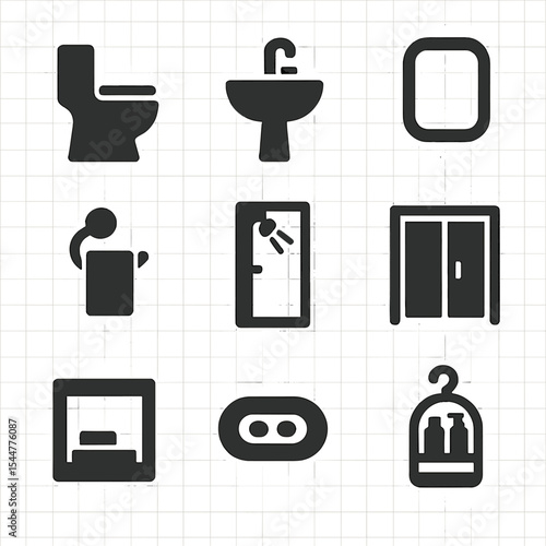 Minimalist Bathroom Icons. Solid, filled icons set of tiny bathroom designs: compact toilet, wall sink, mini