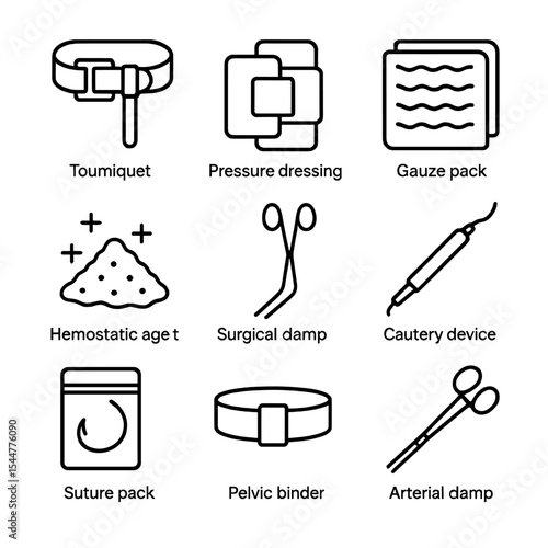 Hemorrhage Control Icons. Outline icon set of hemorrhage control techniques: tourniquet, pressure dressing, gauze pack, hemostatic
