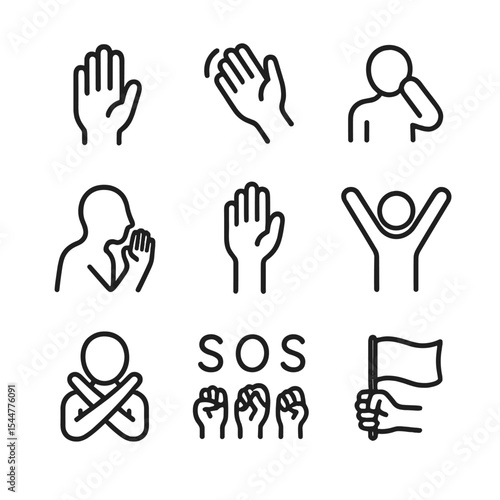 Help Gestures Icons. Outline icon set of manual help gestures: raised hand, waving arm, hand over head, cupped hand to mouth, help