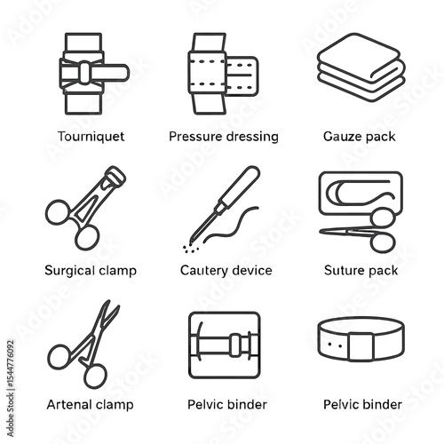 Hemorrhage Control Icons. Outline icon set of hemorrhage control techniques: tourniquet, pressure dressing, gauze pack, hemostatic