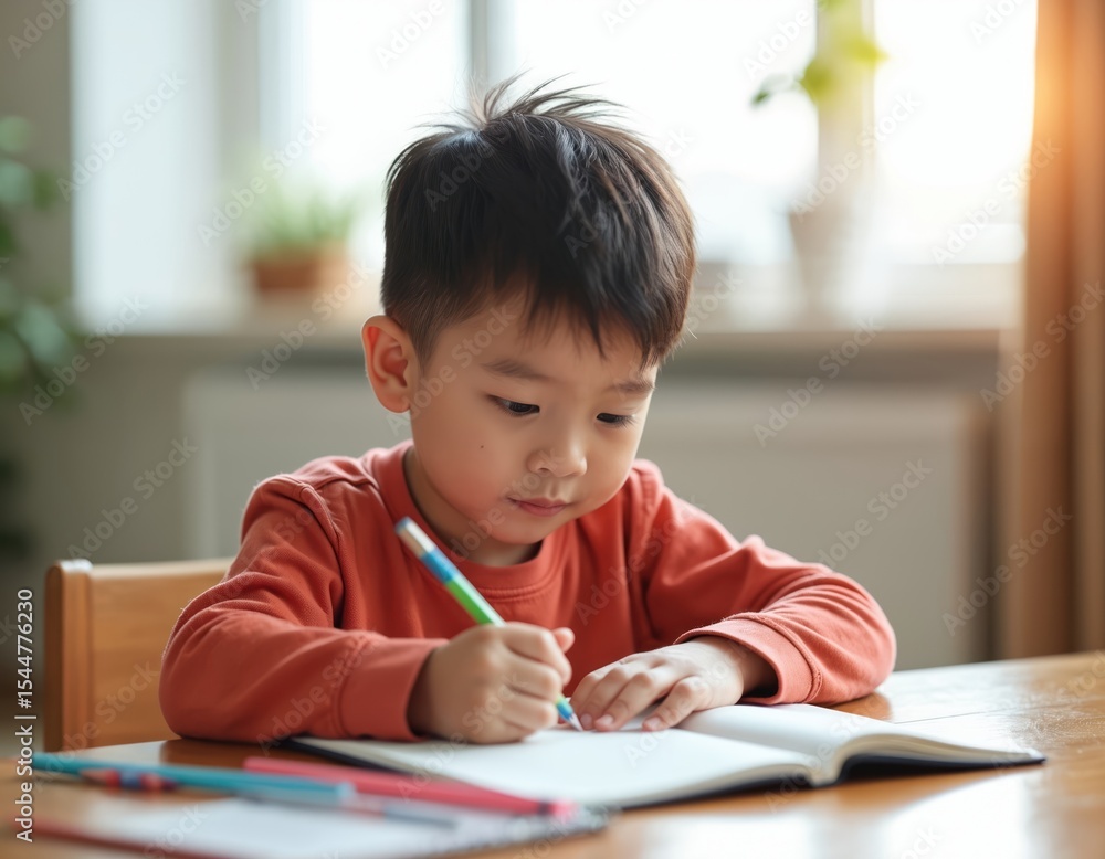 Asian boy doing homework at home. Cute kid, elementary student, writing in notebook with colorful pens. Child studying, learning at desk. Education, childhood concept. Asian boy doing homework at home. Cute kid, elementary student, writing in notebook with colorful pens. Child studying, learning at desk. Education, childhood concept.