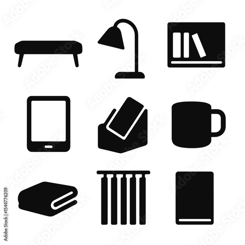 Minimalist Reading Icons. Solid, filled icons set of minimalist reading setup: low bench, modern lamp,