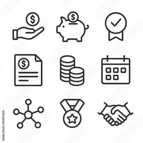 Restoration Funding Icons. Outline icon set of restoration funding and partnerships: donation hand, piggy bank, sponsor badge,