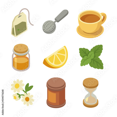 Herbal Tea Icons. Isometric Flat icon set of herbal tea blends: teabag, infuser spoon, tea cup, honey jar, lemon slice, mint sprig