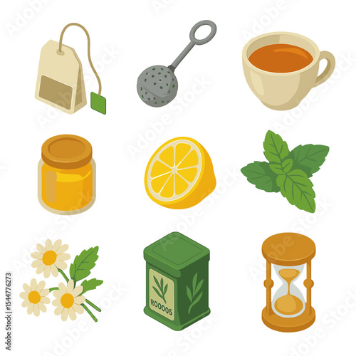 Herbal Tea Icons. Isometric Flat icon set of herbal tea blends: teabag, infuser spoon, tea cup, honey jar, lemon slice, mint sprig