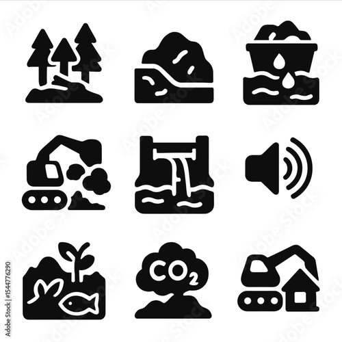 Mining Impact Icons. Solid, filled icons set of environmental impacts of mining: deforestation, soil erosion,