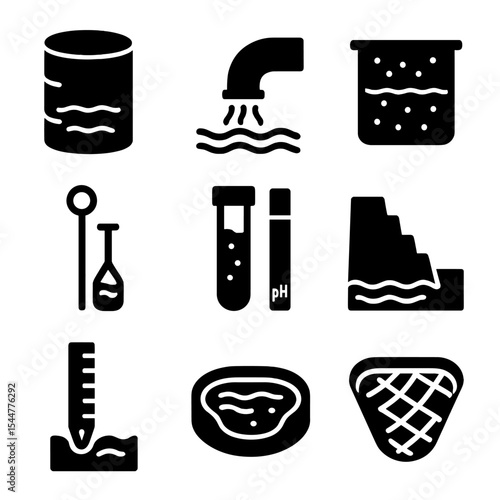 Mining Water Icons. Solid, filled icons set of mining water management systems: treatment tank, runoff pipe,