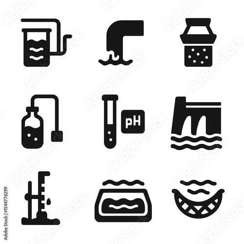 Mining Water Icons. Solid, filled icons set of mining water management systems: treatment tank, runoff pipe,