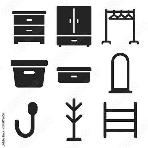 Modern Bedroom Storage Icons. Solid, filled icons set of bedroom storage: chest of drawers, wardrobe cabinet,
