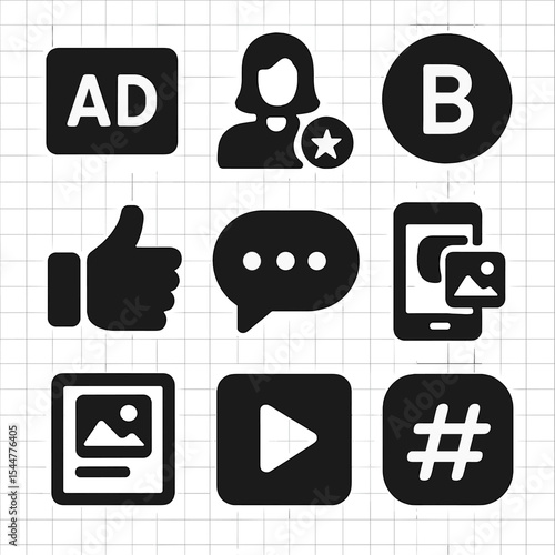 Modern Ad Icons. Solid, filled icons set of sponsored content and ads: ad icon, influencer, brand logo, thumbs up, comment icon, sponsored post, video play, hashtag, story icon.