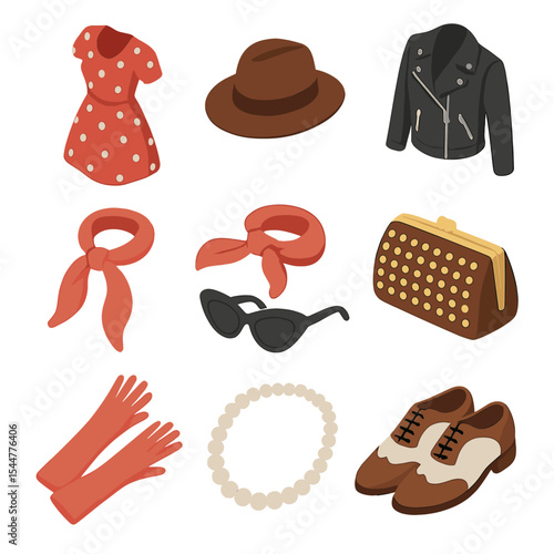 Retro Fashion Icon Set. Isometric Flat icon set of flea market retro fashion: polka dot dress, fedora hat, leather jacket, silk