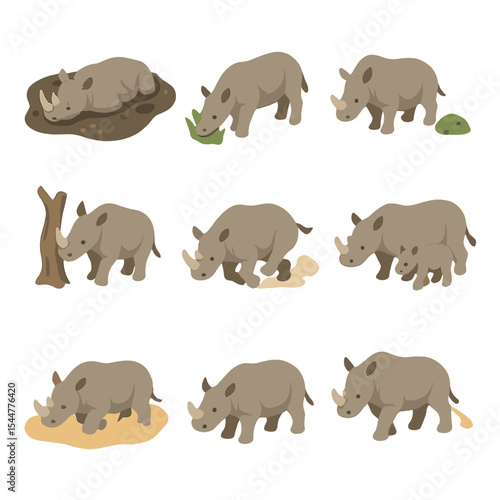 Rhino Behavior Icons. Isometric Flat icon set of rhino behaviors: mud wallowing, grazing morning, territorial dung pile, horn