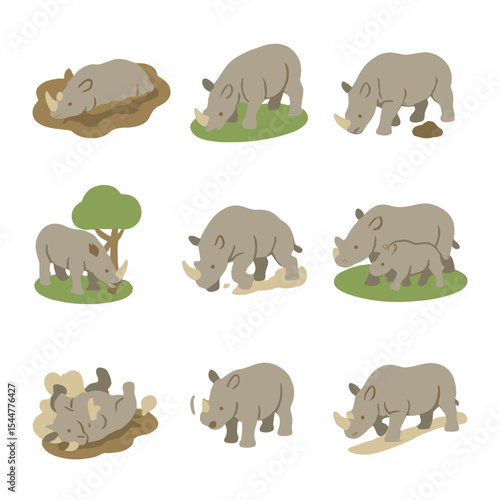 Rhino Behavior Icons. Isometric Flat icon set of rhino behaviors: mud wallowing, grazing morning, territorial dung pile, horn
