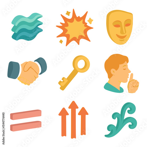 Rhetorical Device Icons. Isometric Flat icon set of rhetorical devices and figures: alliteration waves, hyperbole explosion,