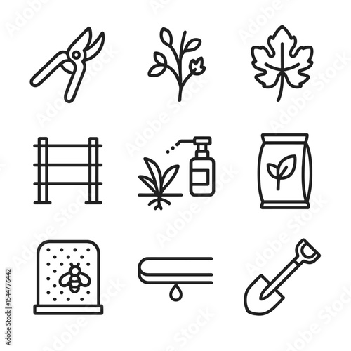 Vineyard Task Icons. Outline icon set of vineyard maintenance tasks: pruning shears, bud break, leaf thinning, trellis repair,