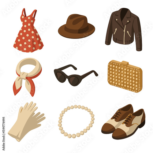 Retro Fashion Icon Set. Isometric Flat icon set of flea market retro fashion: polka dot dress, fedora hat, leather jacket, silk