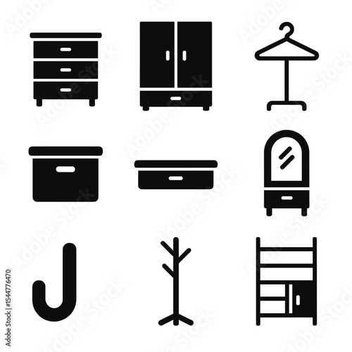 Modern Bedroom Storage Icons. Solid, filled icons set of bedroom storage: chest of drawers, wardrobe cabinet,