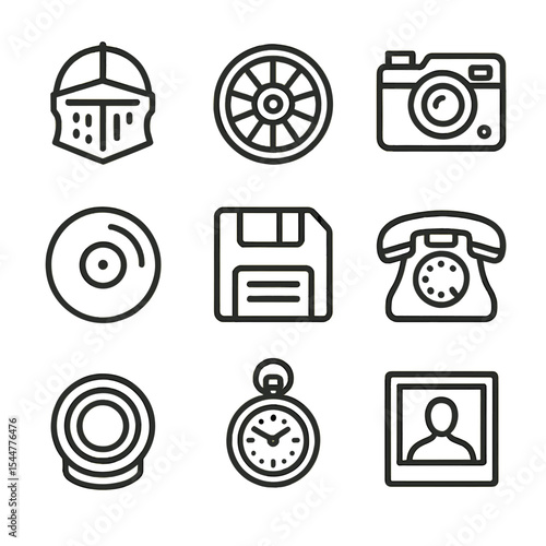 Vintage Icon Grid. Outline icon set of historical era themes: medieval helmet, steam locomotive wheel, vintage camera, vinyl