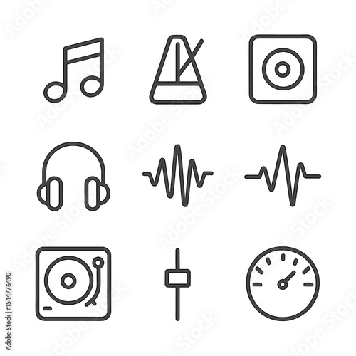 Rhythm Icons Set. Outline icon set of rhythm and beat elements: music note, metronome, speaker, headphones, sound wave, beat pulse