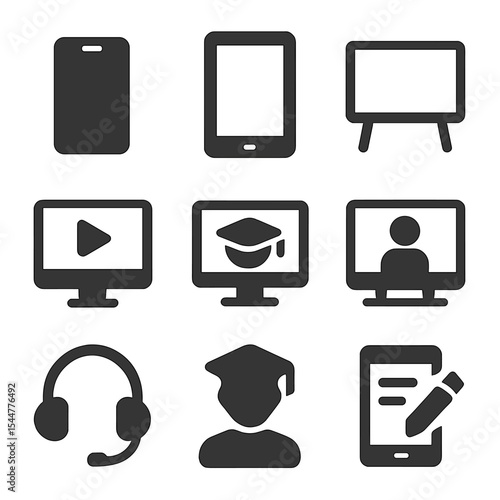 Modern Education Icons. Solid, filled icons set of modern education technology: smartphone icon, tablet icon,