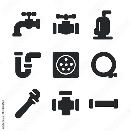 Modern Plumbing Icons. Solid, filled icons set of modern plumbing systems: faucet icon, valve icon, water pump