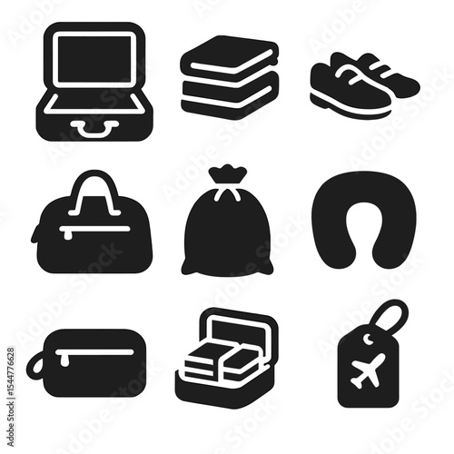Modern Travel Icons. Solid, filled icons set of unpacking luggage: open suitcase, folded clothes, shoes, travel bag, laundry bag, travel pillow, toiletry bag, packed items, travel tag.