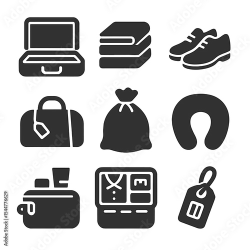 Modern Travel Icons. Solid, filled icons set of unpacking luggage: open suitcase, folded clothes, shoes, travel bag, laundry bag, travel pillow, toiletry bag, packed items, travel tag.