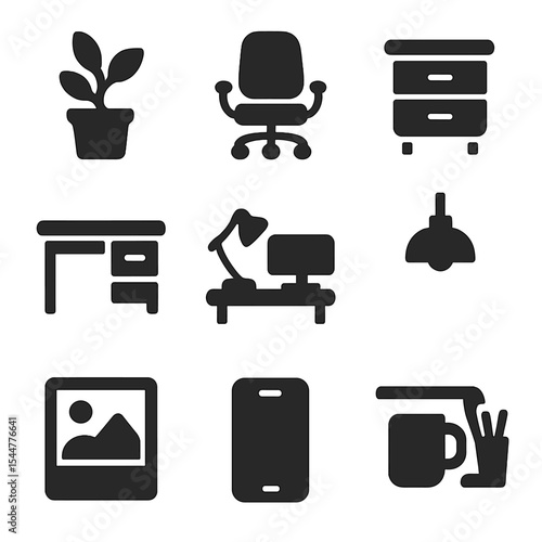 Modern Workspace Icons. Solid, filled icons set of workspace details: office plant, modern furniture, desk
