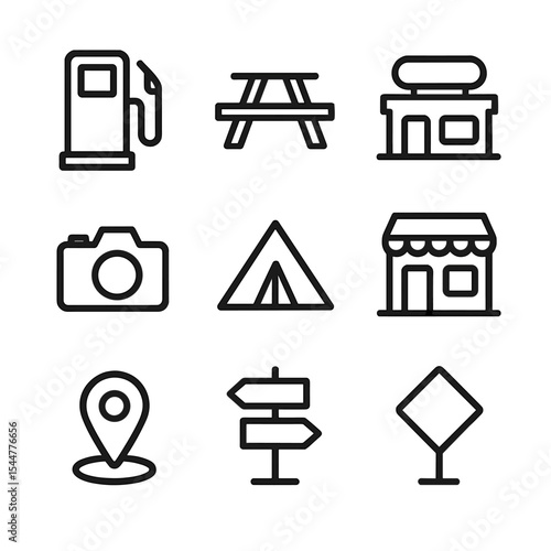 Road Trip Icons. Outline icon set of road trip pit stops: gas pump, rest area picnic table, roadside diner, motel sign, scenic