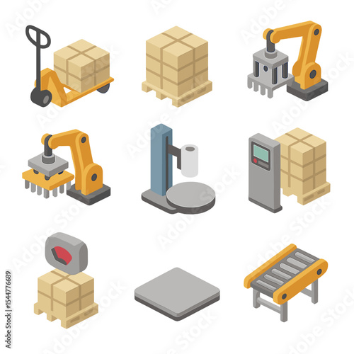 Robotic Palletizing Icons. Isometric Flat icon set of robotic palletizing and depalletizing: pallet jack, pallet stack,