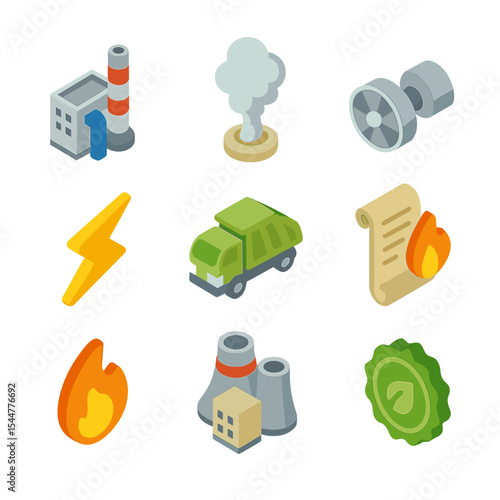 Waste-to-Energy Icons. Isometric Flat icon set of waste-to-energy policies: incinerator, steam plume, turbine, electricity bolt,