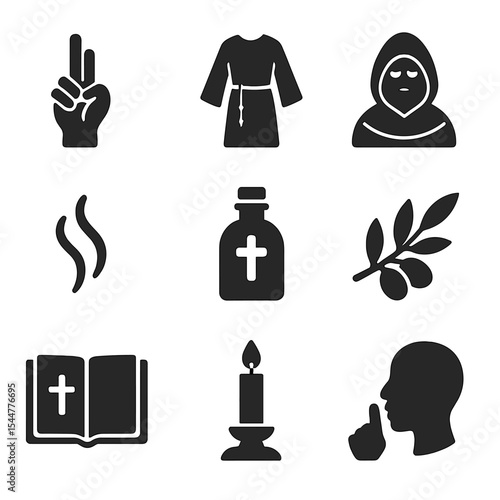 Monastic Icon Set. Solid, filled icons set of monastic traditions and symbols: vow icon, habit garment, hooded