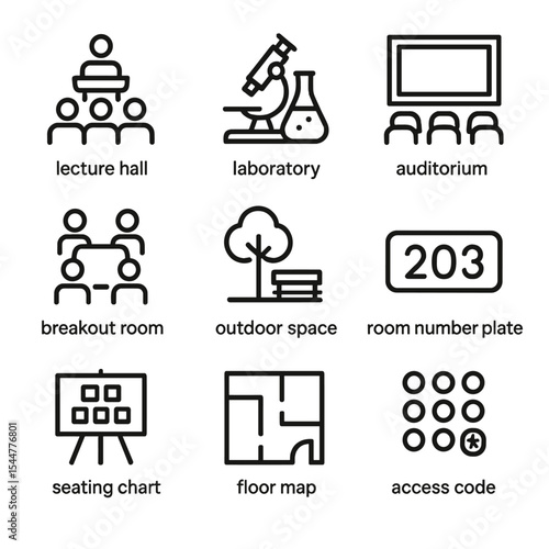 Room Icons Collection. Outline icon set of room and venue assignments: lecture hall, lab room, auditorium, breakout room, outdoor