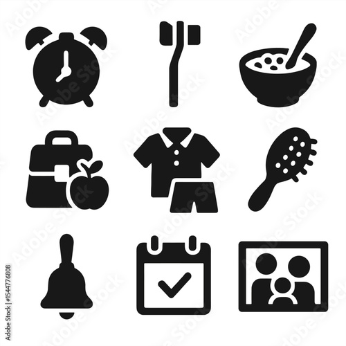 Morning Routine Icons. Solid, filled icons set of morning school routine: alarm clock, toothbrush, cereal bowl